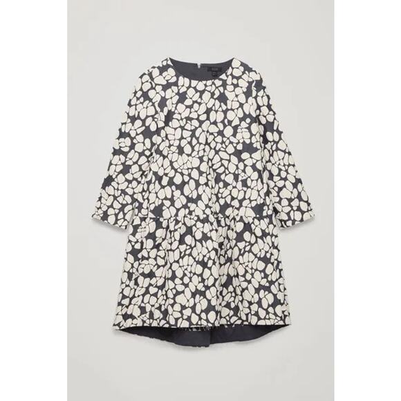 Cos Women's Cream Black Pebble Pattern Gathered Jacquard A-line Dress Size 12 - Picture 3 of 10